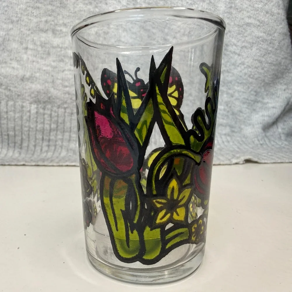 Vintage 1973 Faroy Inc Houston Butterfly Flower Stained Glass Style Juice Glass